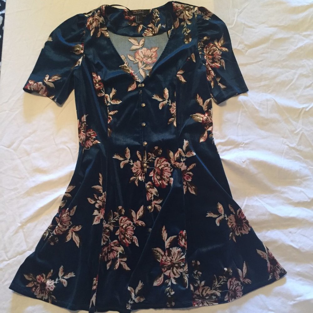 Button Up Mini Velvet Floral Blue Dress